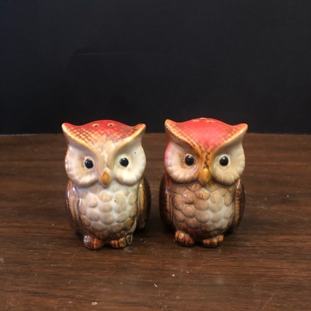 Owl Ceramic Salt And Pepper Shakers. Brown.